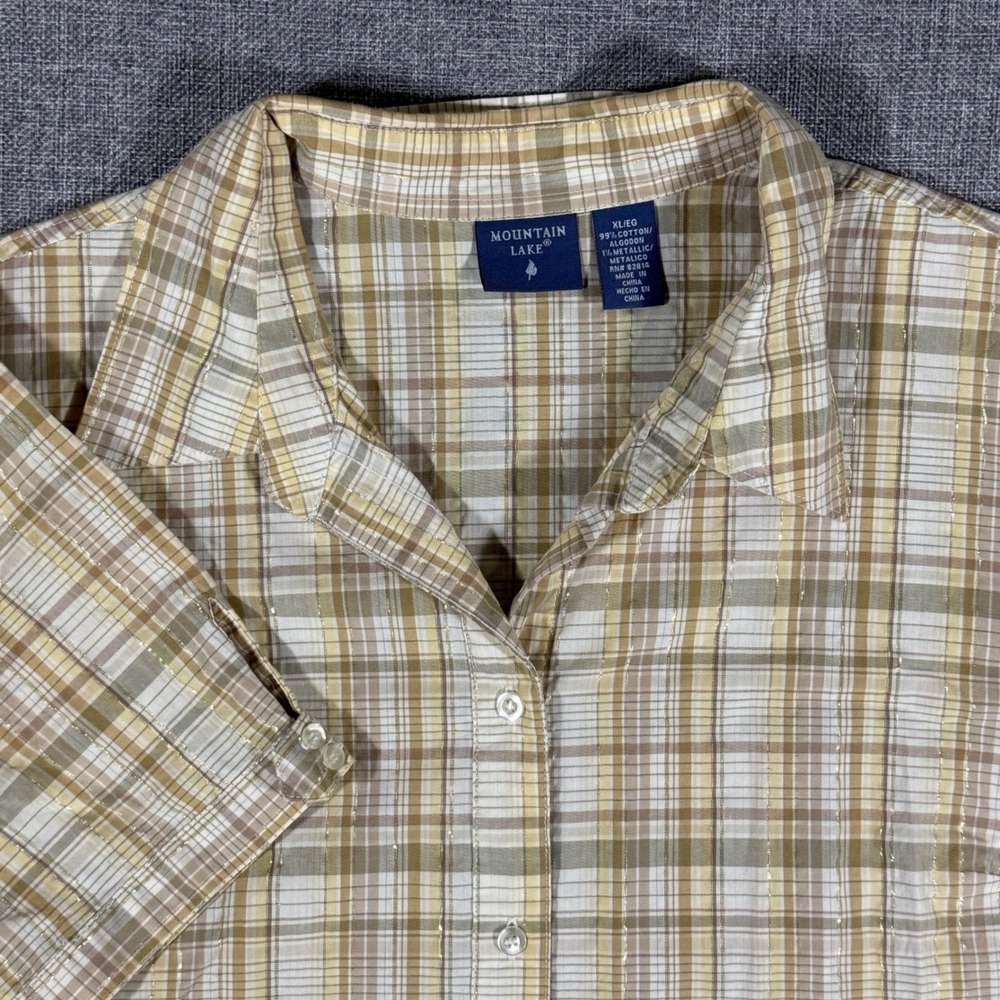 Mountain Lake Plaid Button Down Womens XL Tan Yellow Metallic Shimmer Grandma